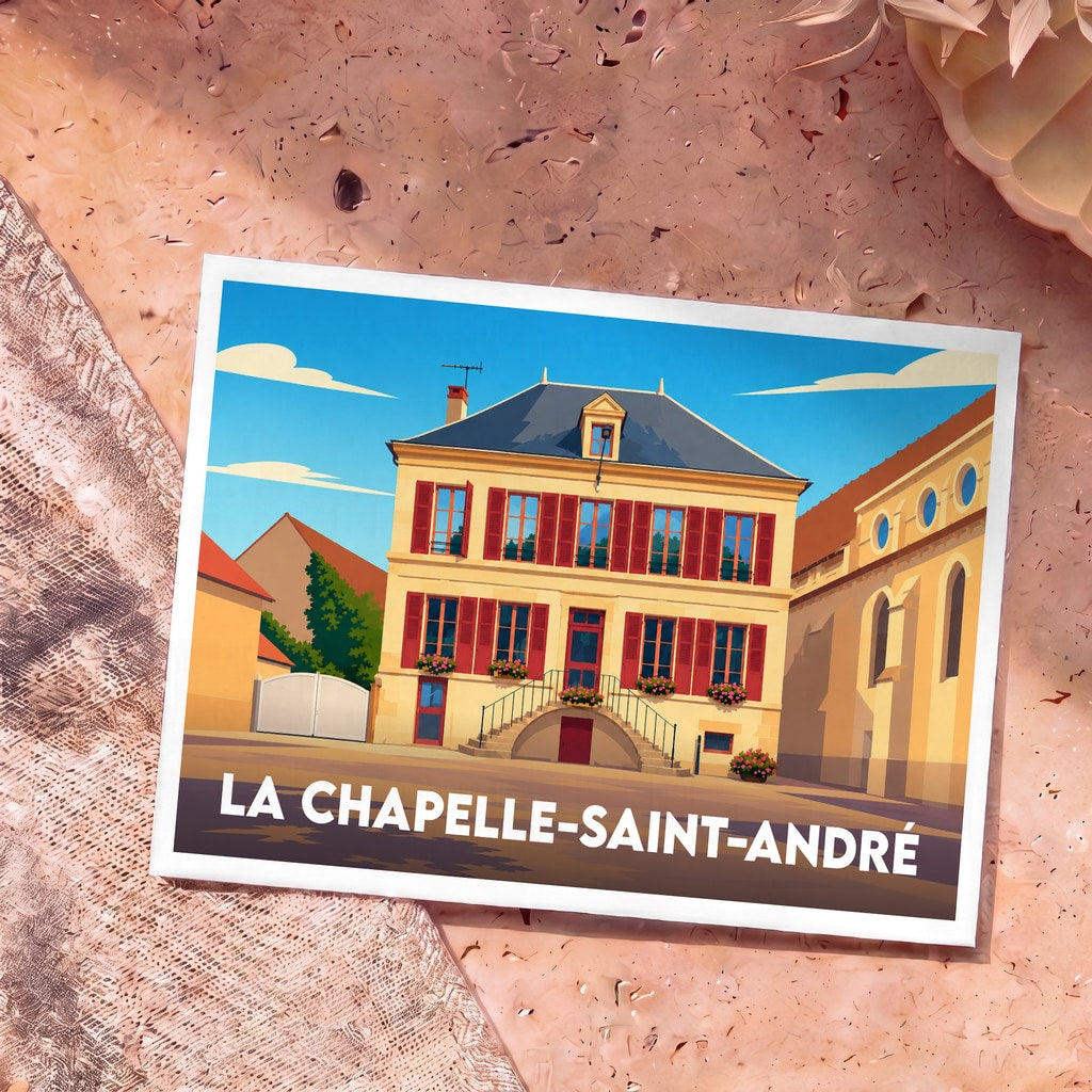Carte postale souvenir de la ville de La Chapelle-Saint-André avec une illustration stylisée.