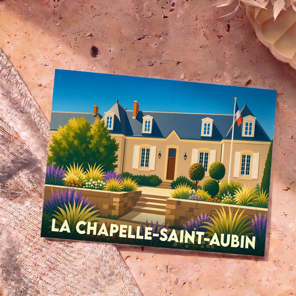 Carte postale souvenir de la ville de La Chapelle-Saint-Aubin avec une illustration stylisée de la mairie et de ses jardins.