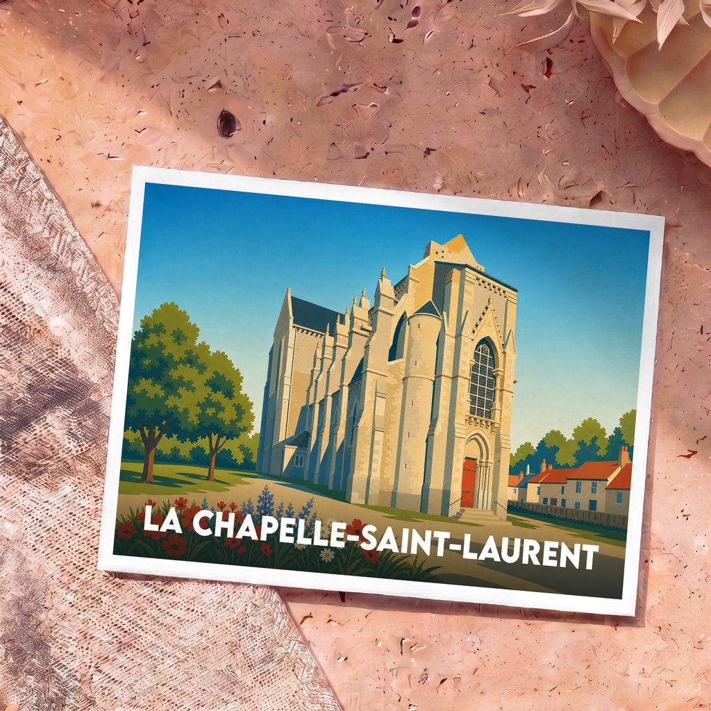 Carte postale souvenir de la ville de La Chapelle-Saint-Laurent avec une illustration stylisée de son église.
