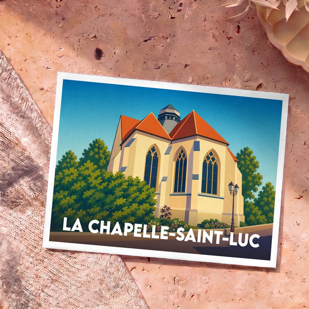 Carte postale souvenir de la ville de La Chapelle-Saint-Luc avec une illustration stylisée de son église.