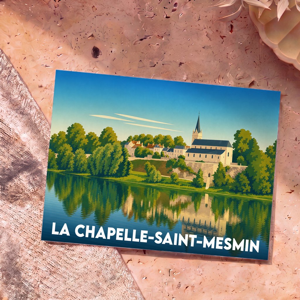 Carte postale souvenir de la ville de La Chapelle-Saint-Mesmin avec une illustration stylisée d'un paysage de bord de Loire.