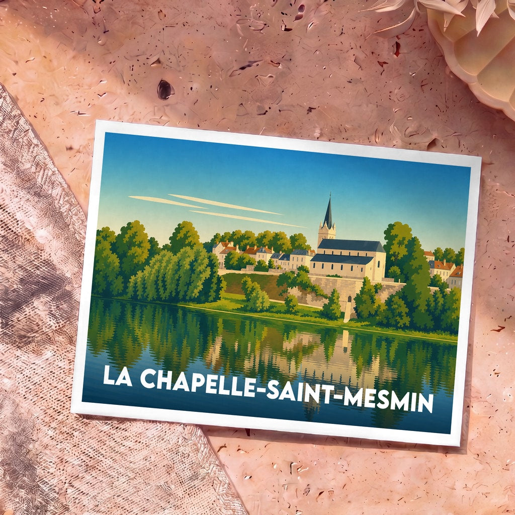 Carte postale souvenir de la ville de La Chapelle-Saint-Mesmin avec une illustration stylisée d'un paysage de bord de Loire.