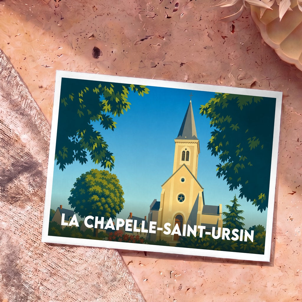 Carte postale souvenir de la ville de La Chapelle-Saint-Ursin avec une illustration stylisée de son église sous un ciel bleu.