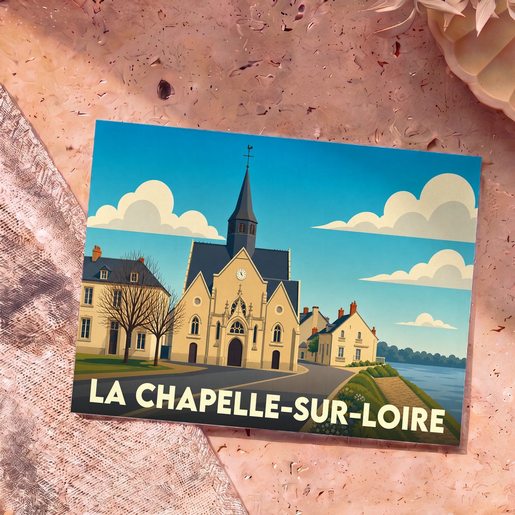 Carte postale souvenir de la ville de La Chapelle-sur-Loire avec une illustration stylisée de son église en bord de Loire.