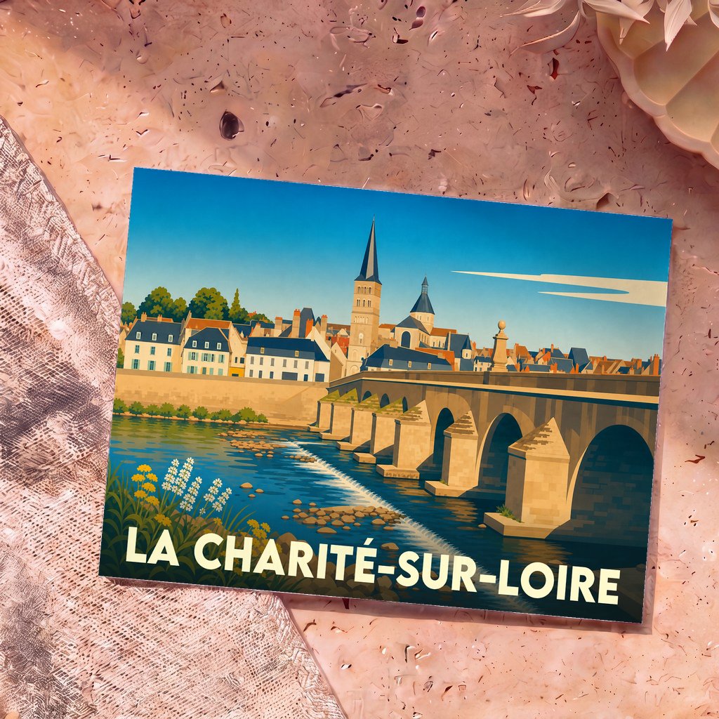 Carte postale souvenir de la ville de La Charité-sur-Loire avec une illustration stylisée de son pont et de son église en bord de Loire.