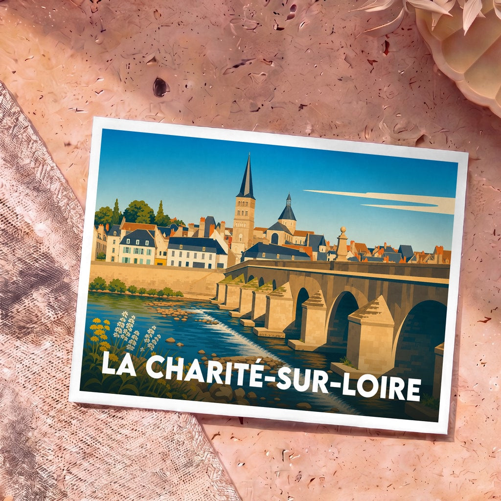Carte postale souvenir de la ville de La Charité-sur-Loire avec une illustration stylisée de son pont et de son église en bord de Loire.