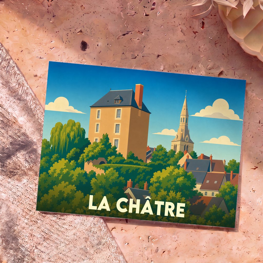 Carte postale souvenir de la ville de La Châtre avec une illustration stylisée et colorée de ses monuments.