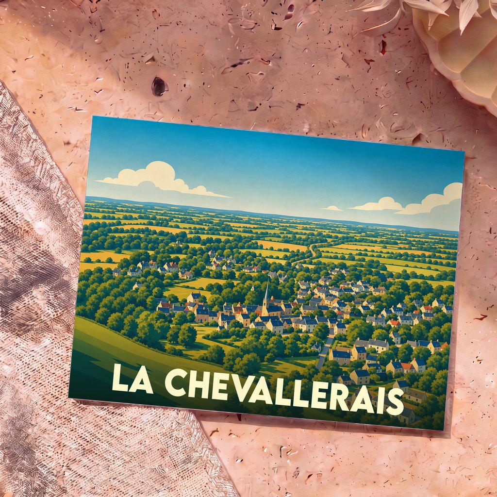 Carte postale souvenir de la ville de La Chevallerais avec une illustration stylisée d'un village verdoyant.
