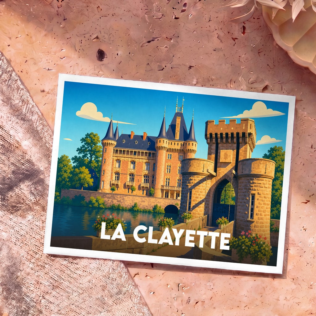 Carte postale souvenir de la ville de La Clayette illustrant son château et son pont-levis dans un style coloré et graphique.