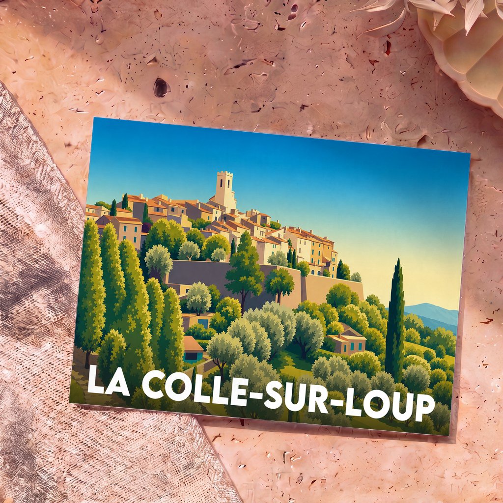 Carte postale souvenir de la ville de La Colle-sur-Loup avec une illustration stylisée d'un village perché.