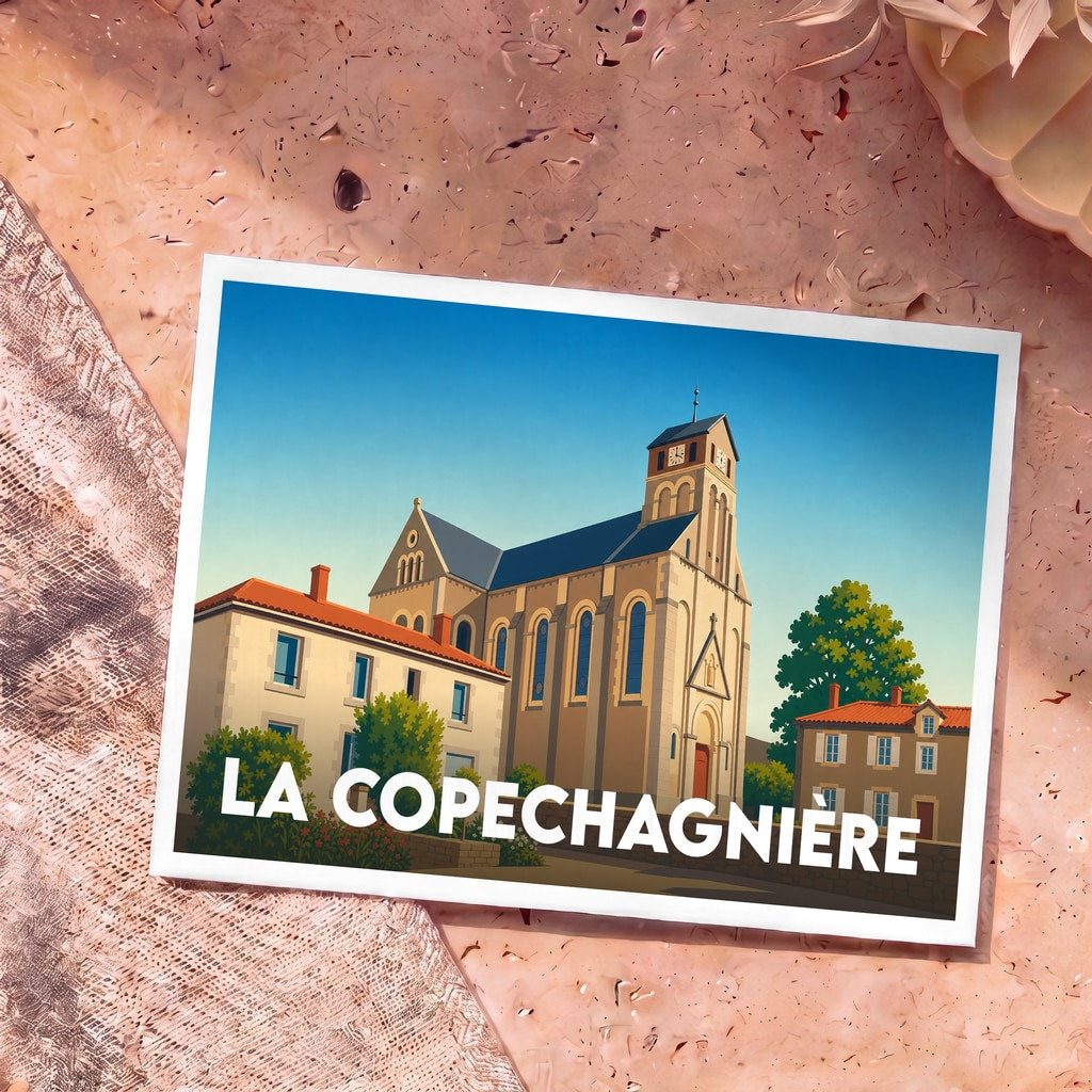 Carte postale souvenir de la ville de La Copechagnière avec une illustration stylisée de son église.