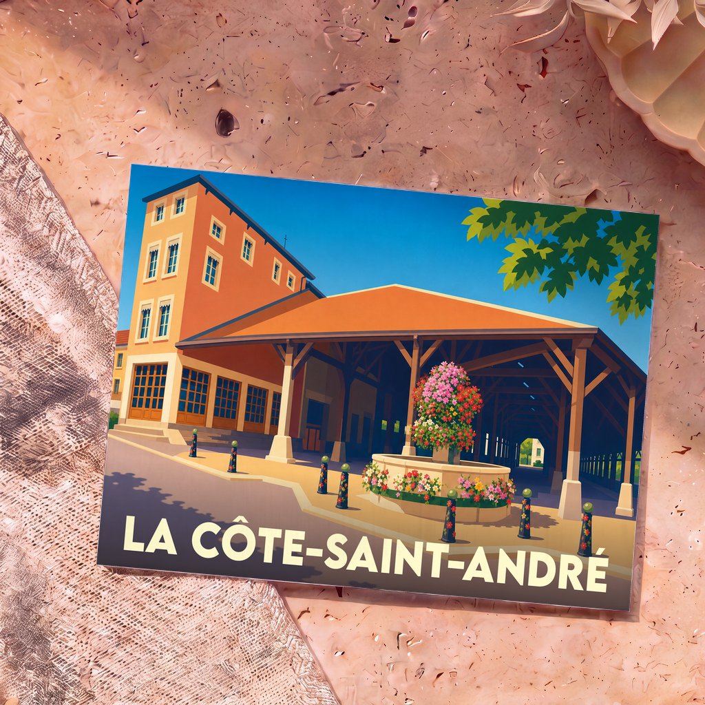 Carte postale souvenir de la ville de La Côte-Saint-André avec une illustration stylisée de ses halles historiques.