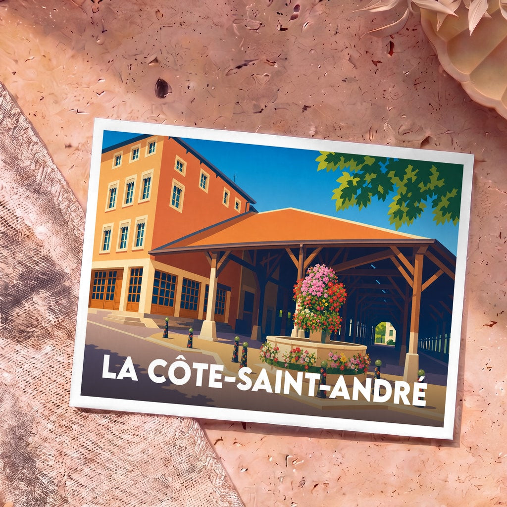 Carte postale souvenir de la ville de La Côte-Saint-André avec une illustration stylisée de ses halles historiques.