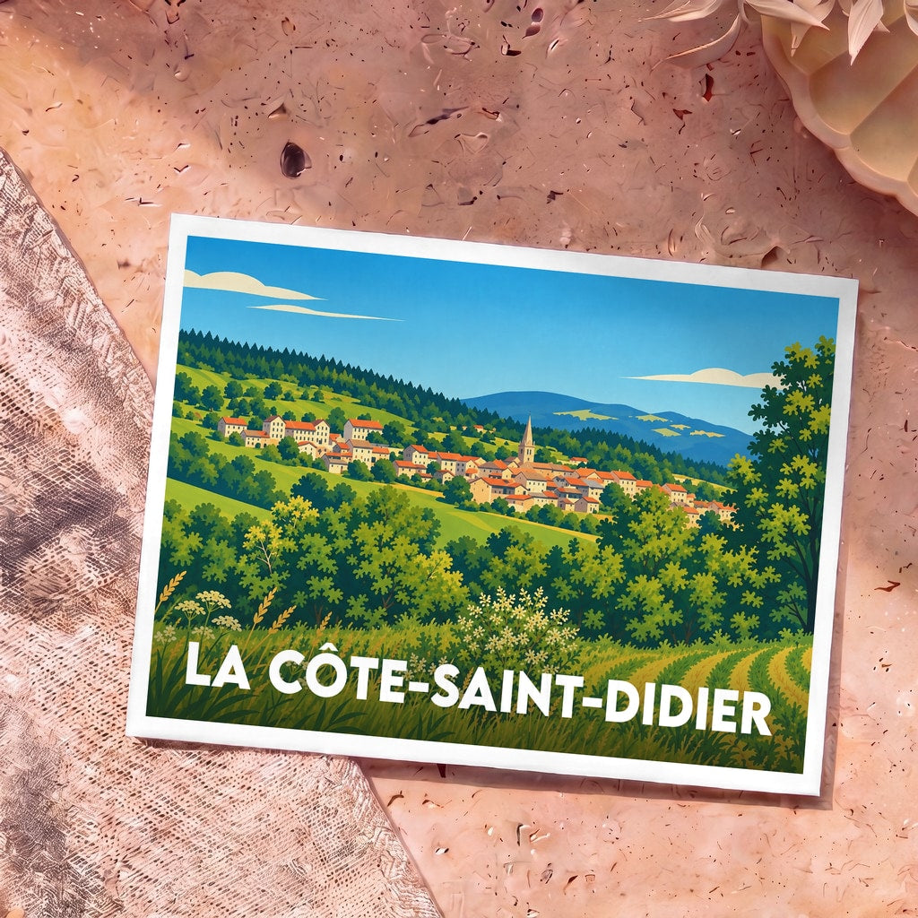 Carte postale souvenir de la ville de La Côte-Saint-Didier avec une illustration stylisée d'un village niché dans des collines verdoyantes.