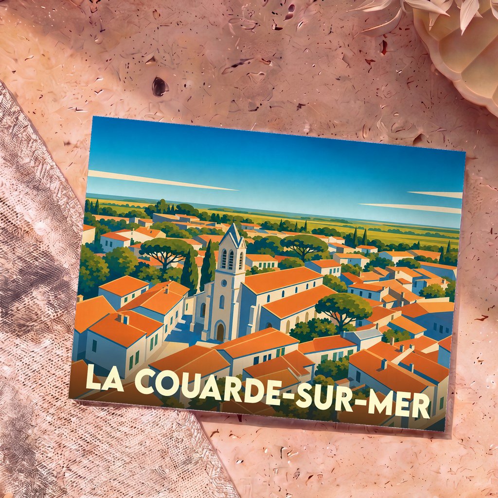 Carte postale souvenir de la ville de La Couarde-sur-Mer avec une illustration stylisée du village et de son église.