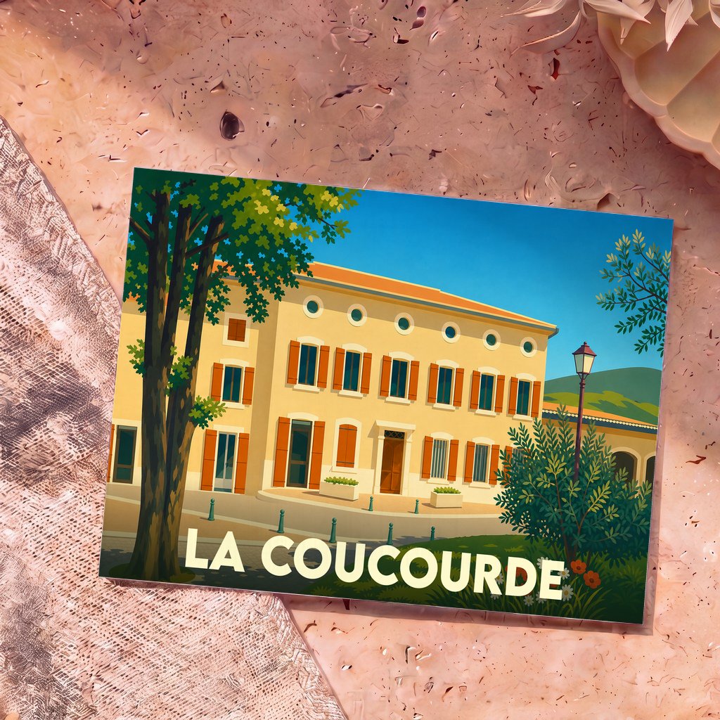 Carte postale souvenir de la ville de La Coucourde avec une illustration stylisée d'un bâtiment provençal.