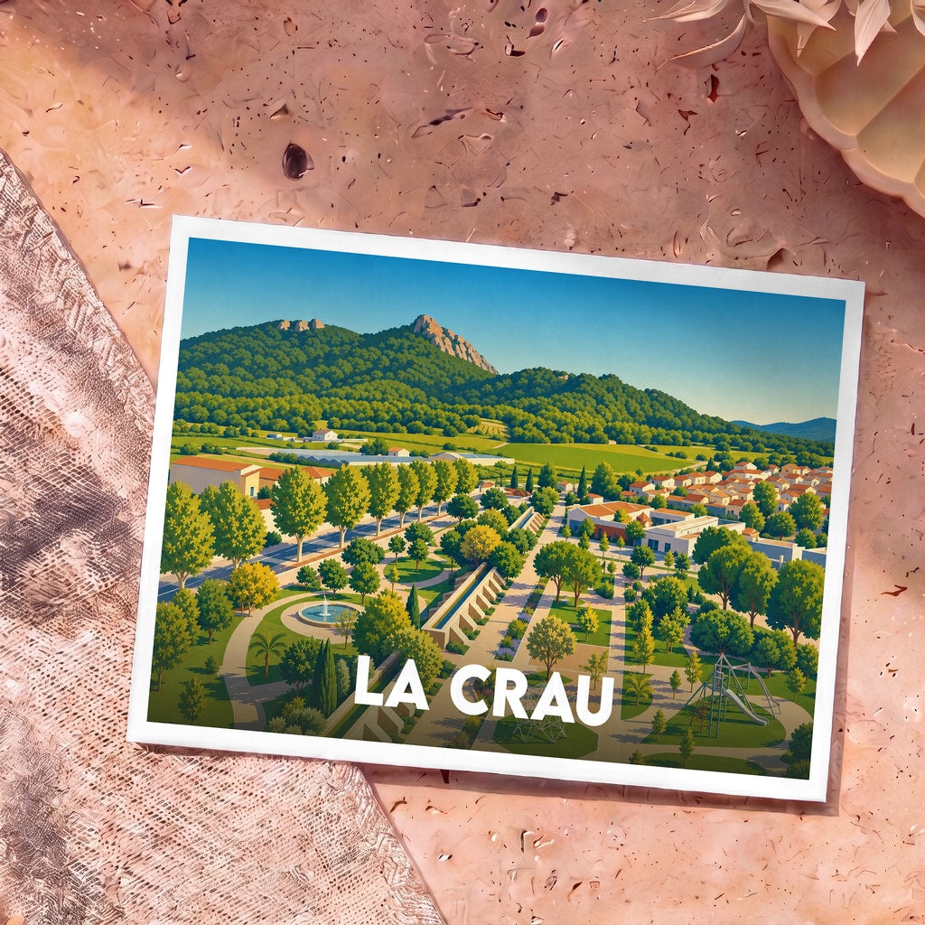 Carte postale souvenir de la ville de La Crau avec une illustration stylisée de ses paysages et parcs.