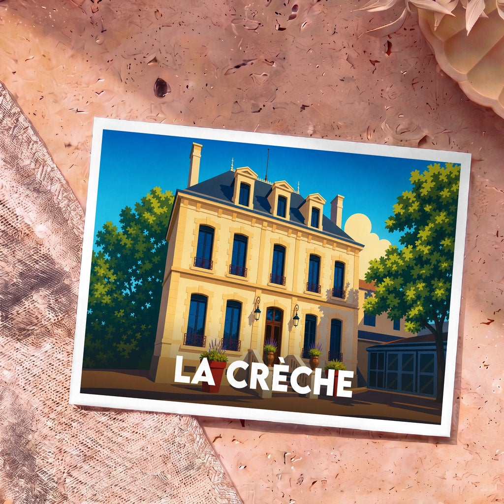 Carte postale souvenir de la ville de La Crèche avec une illustration stylisée d'un bâtiment de ville.