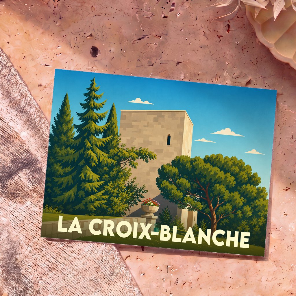 Carte postale souvenir de la ville de La Croix-Blanche avec une illustration stylisée.