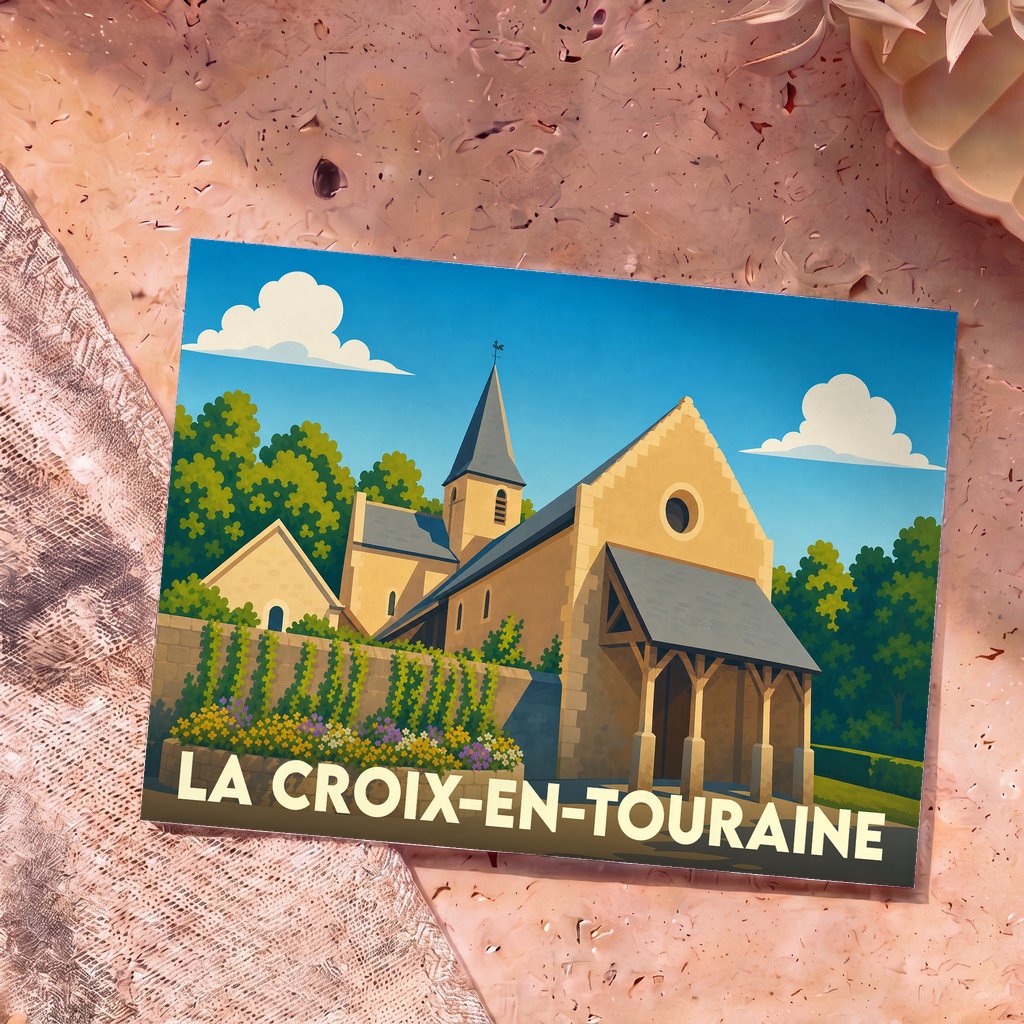 Carte postale souvenir de la ville de La Croix-en-Touraine avec une illustration stylisée de son église.
