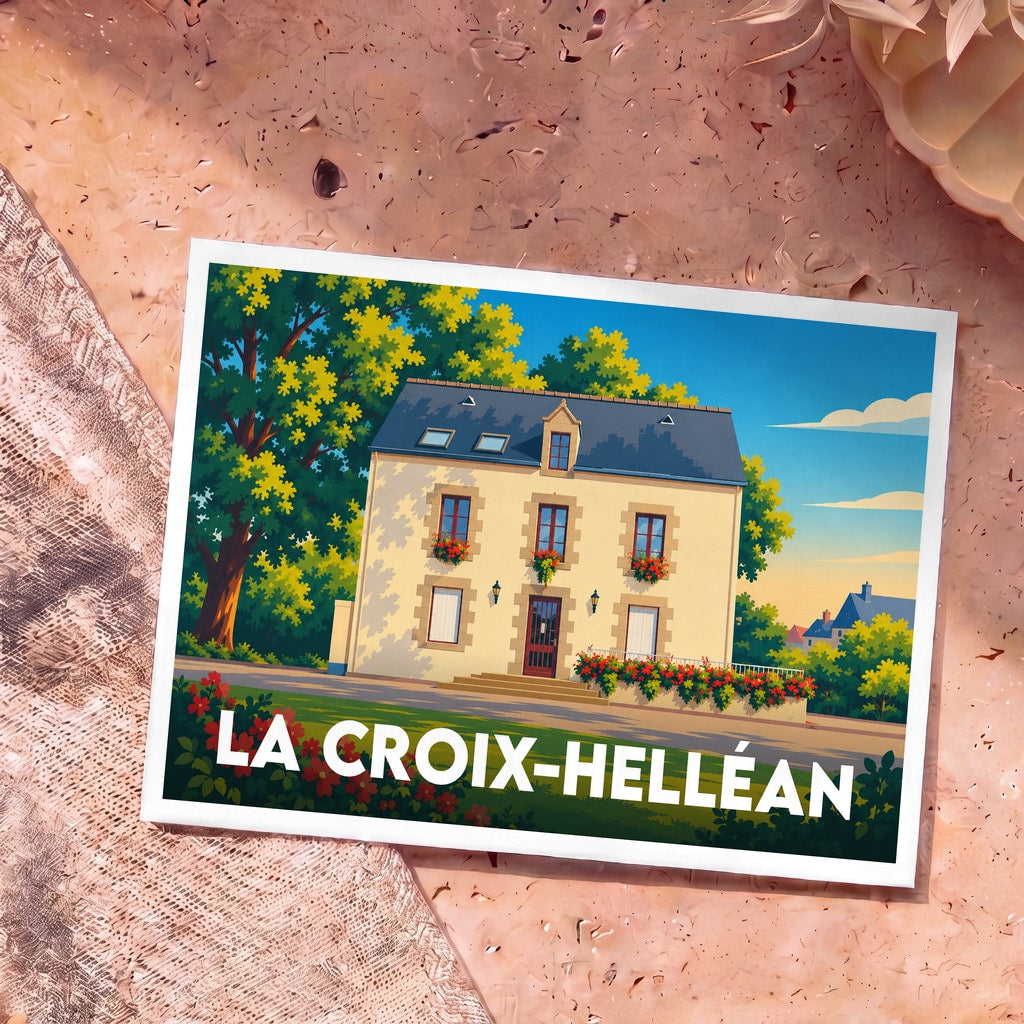 Carte postale souvenir de la ville de La Croix-Helléan avec une illustration stylisée d'une maison traditionnelle bretonne.