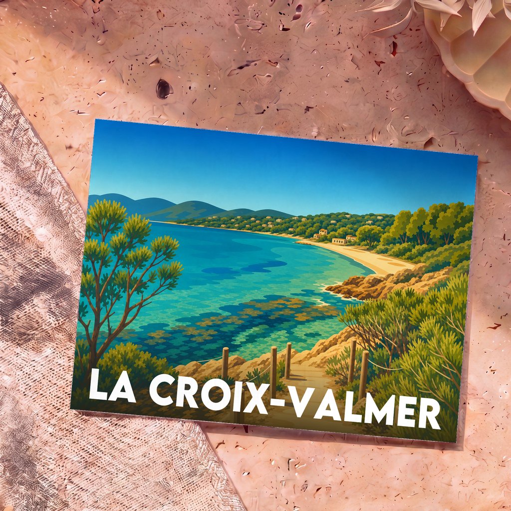 Carte postale souvenir de la ville de La Croix-Valmer avec une illustration stylisée d'un paysage côtier ensoleillé.