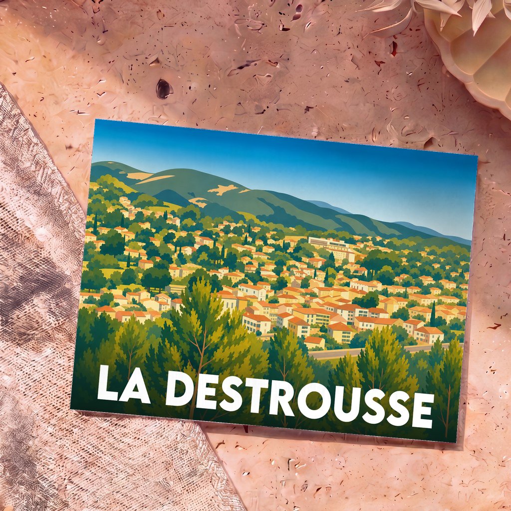 Carte postale souvenir de la ville de La Destrousse avec une illustration stylisée d'un village provençal niché dans les collines.