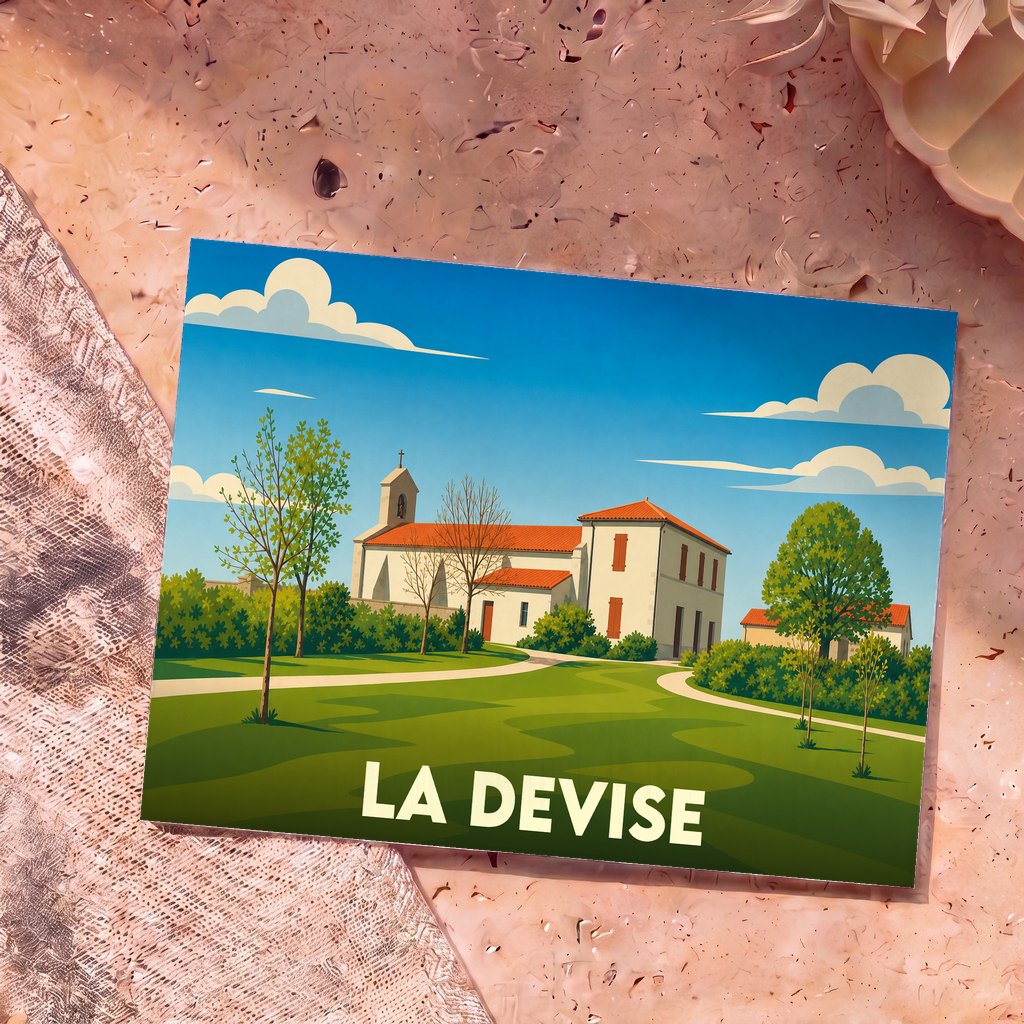 Carte postale souvenir de la commune de La Devise avec une illustration stylisée d'un bâtiment historique sous un ciel bleu.