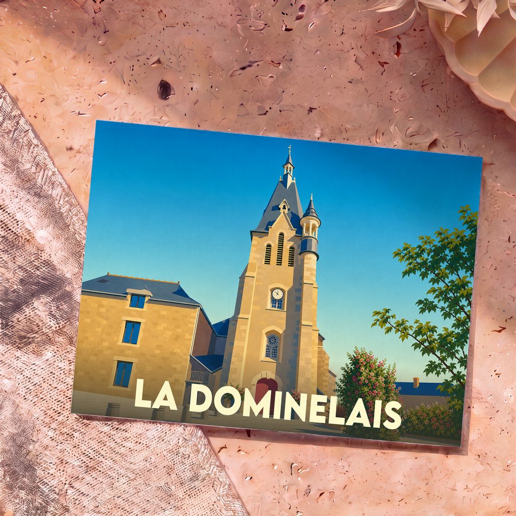 Carte postale souvenir de la ville de La Dominelais avec une illustration stylisée de son église.