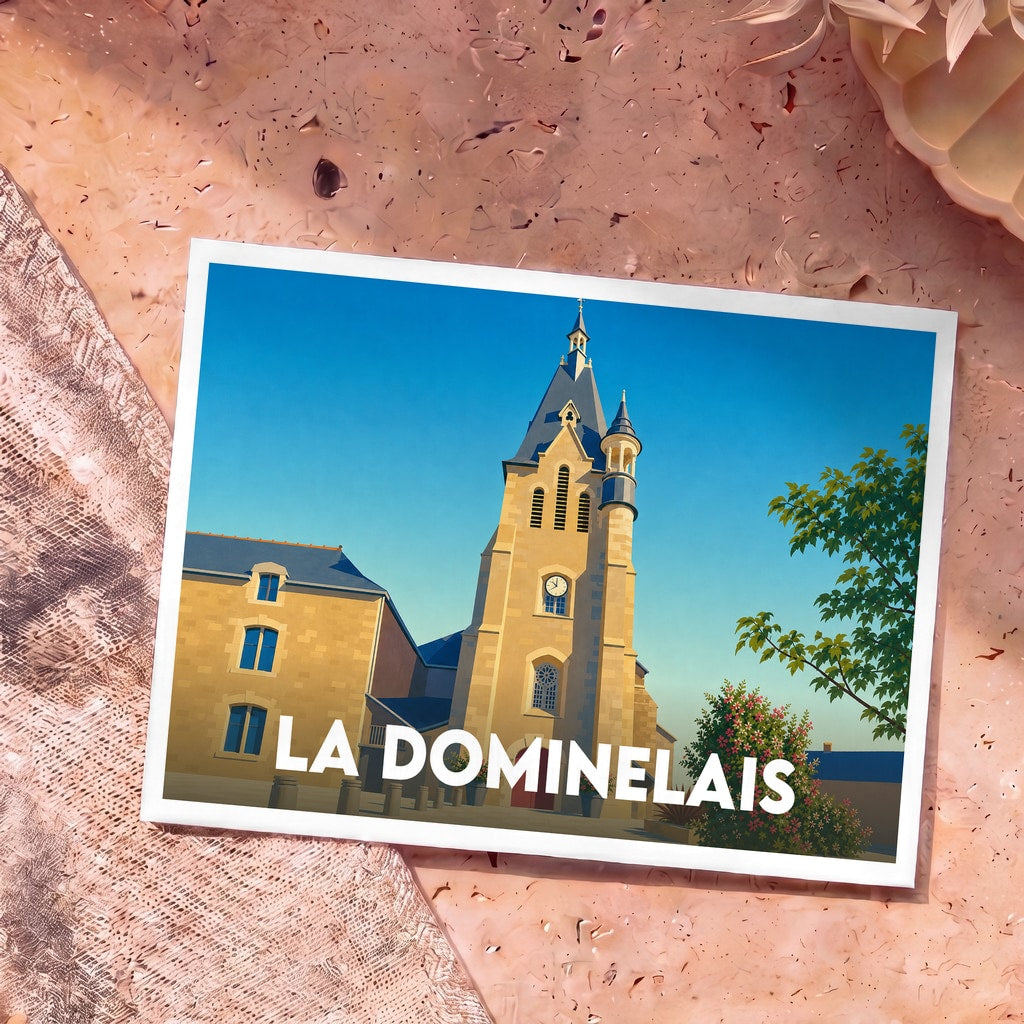 Carte postale souvenir de la ville de La Dominelais avec une illustration stylisée de son église.