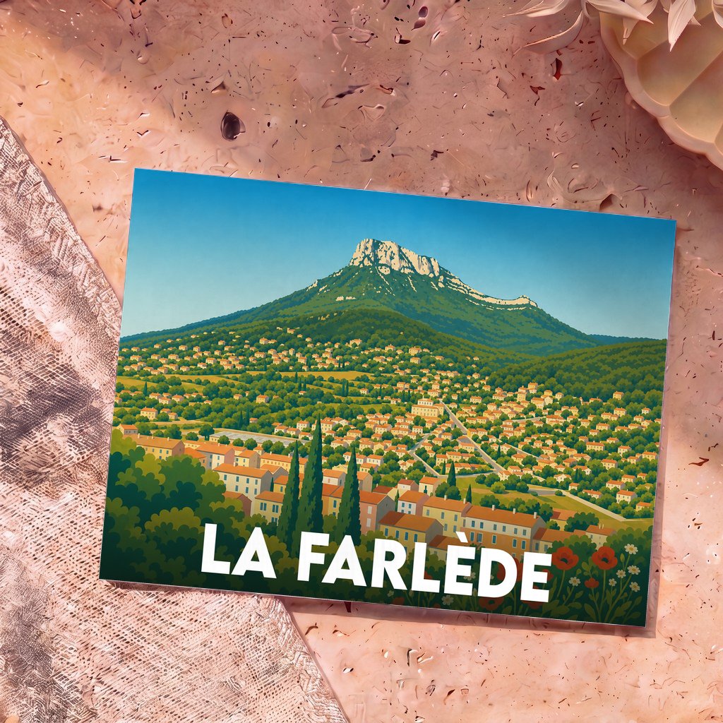 Carte postale souvenir de la ville de La Farlède avec une illustration stylisée d'un paysage montagneux.