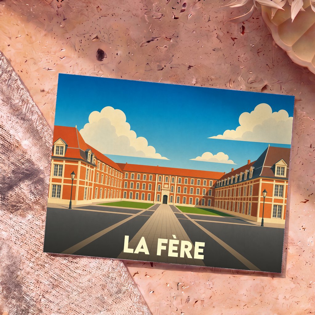 Carte postale souvenir de la ville de La Fère avec une illustration stylisée de son architecture historique.