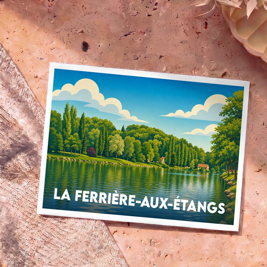 Carte postale souvenir de la ville de La Ferrière-aux-Étangs illustrant un paysage de lac et de forêt.