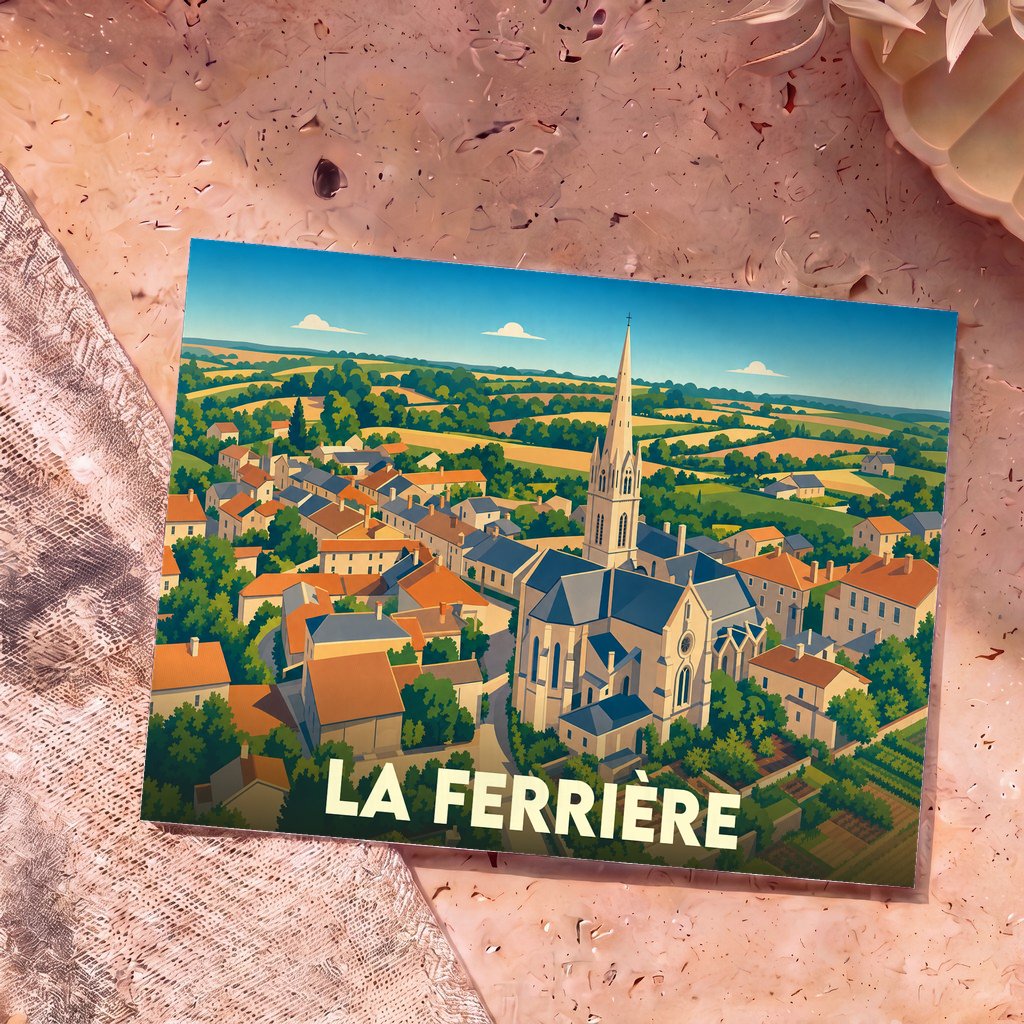 Carte postale souvenir de la ville de La Ferrière avec une illustration stylisée d'un village et son église.