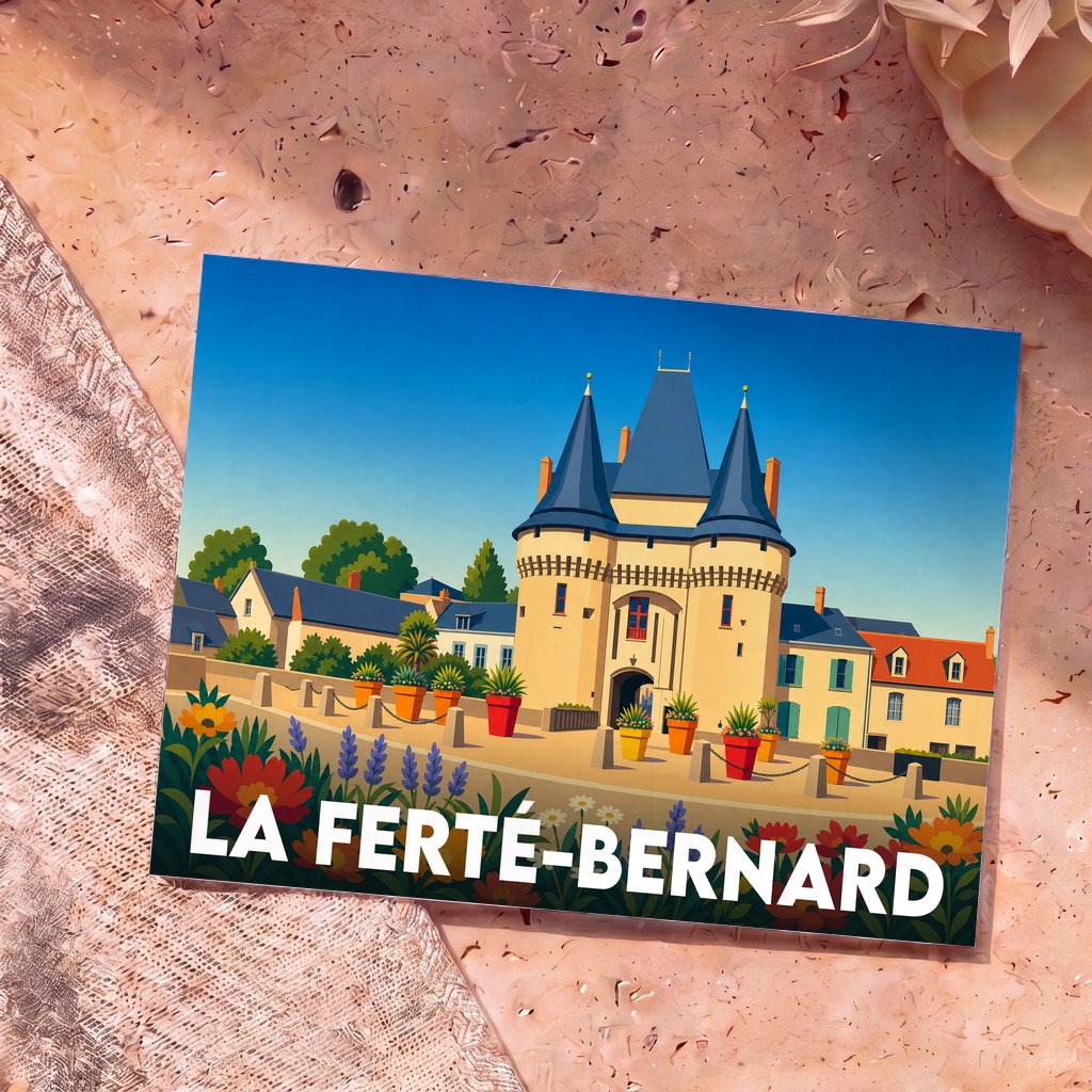 Carte postale souvenir de la ville de La Ferté-Bernard avec une illustration stylisée de sa porte médiévale.
