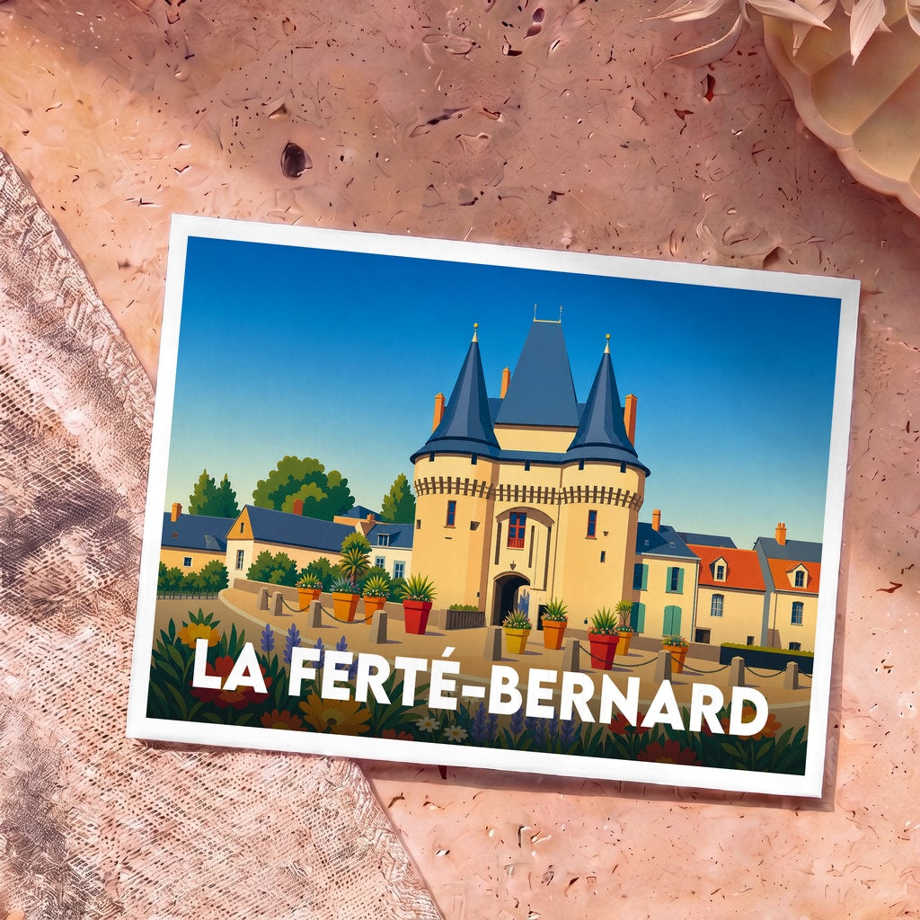 Carte postale souvenir de la ville de La Ferté-Bernard avec une illustration stylisée de sa porte médiévale.