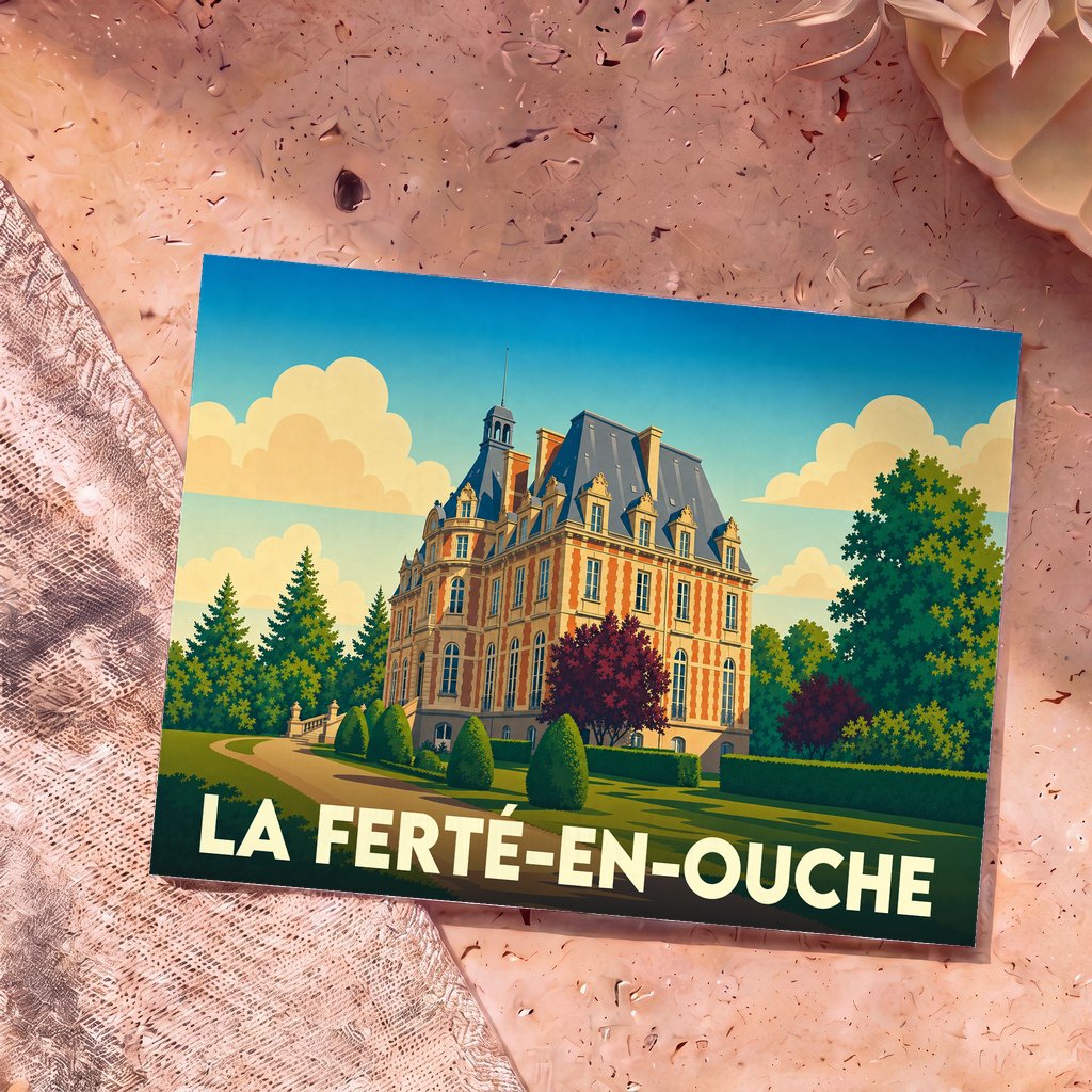 Carte postale souvenir de la ville de La Ferté-en-Ouche avec une illustration stylisée d'un château.