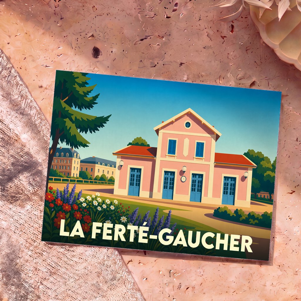 Carte postale souvenir de la ville de La Ferté-Gaucher avec une illustration stylisée de son ancienne gare.