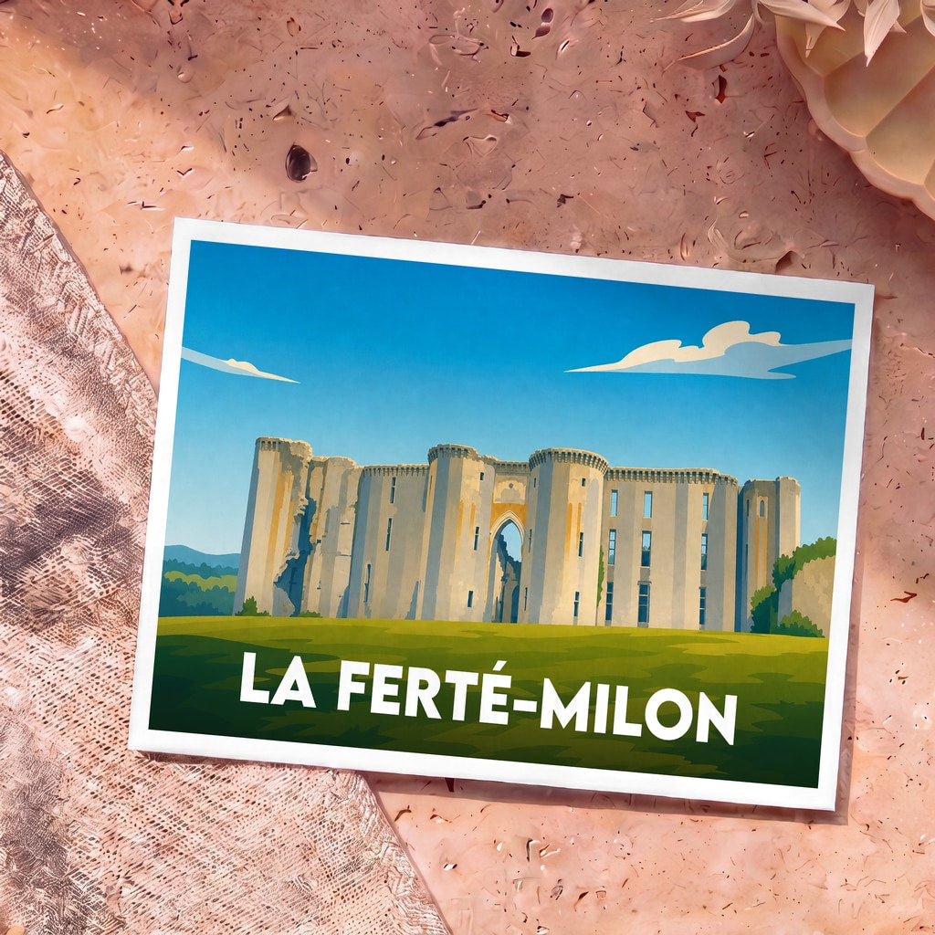 Carte postale souvenir de la ville de La Ferté-Milon avec une illustration stylisée de son château.