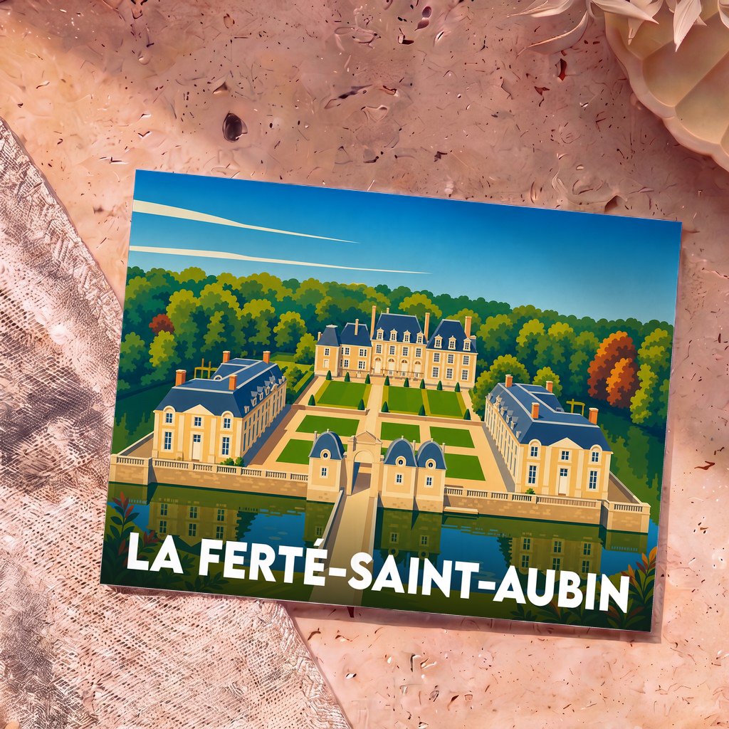 Carte postale souvenir de la ville de La Ferté-Saint-Aubin avec une illustration stylisée de son château.