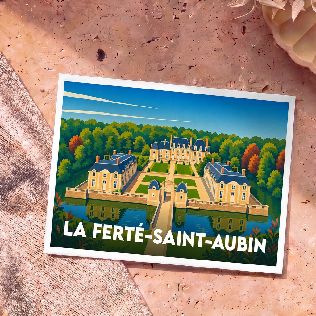 Carte postale souvenir de la ville de La Ferté-Saint-Aubin avec une illustration stylisée de son château.