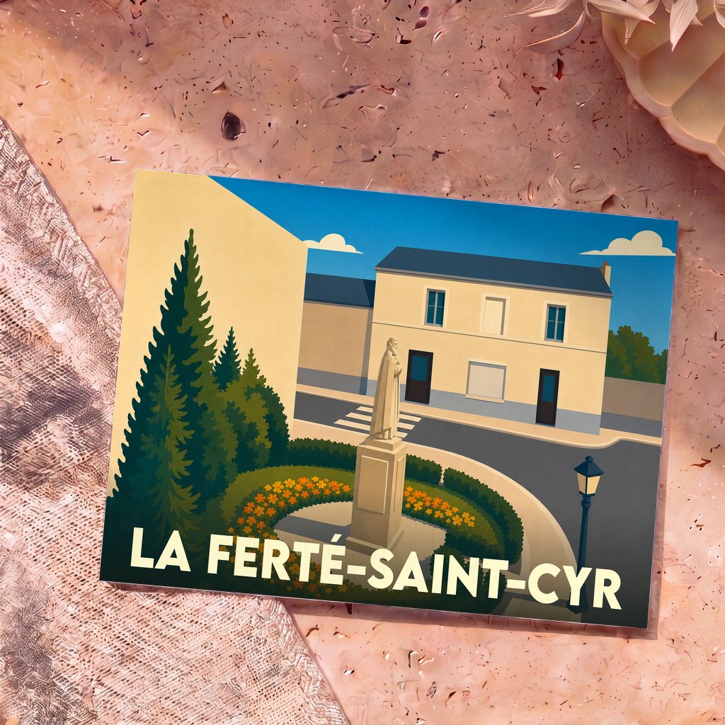 Carte postale souvenir de La Ferté-Saint-Cyr présentant une illustration stylisée de la place du village.