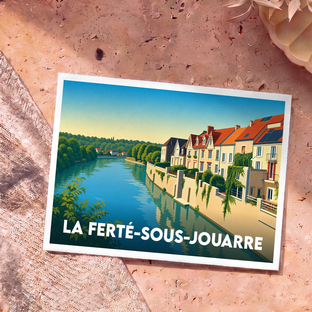 Carte postale souvenir de la ville de La Ferté-sous-Jouarre avec une illustration stylisée des bords de Marne.
