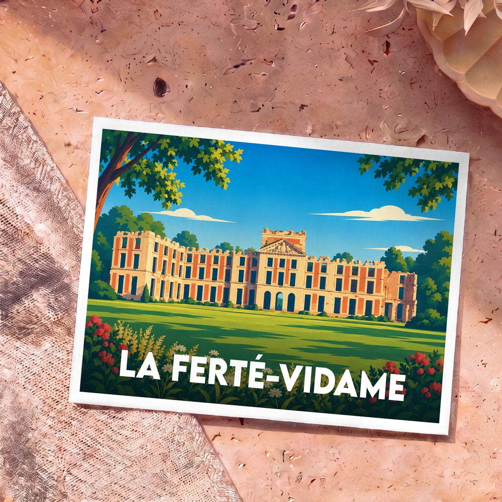 Carte postale souvenir de La Ferté-Vidame avec une illustration stylisée de son château.