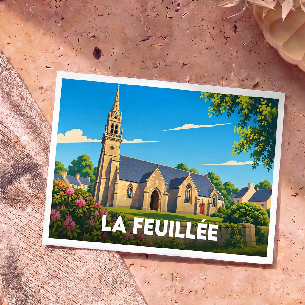 Carte postale souvenir de la ville de La Feuillée avec une illustration stylisée de son église.