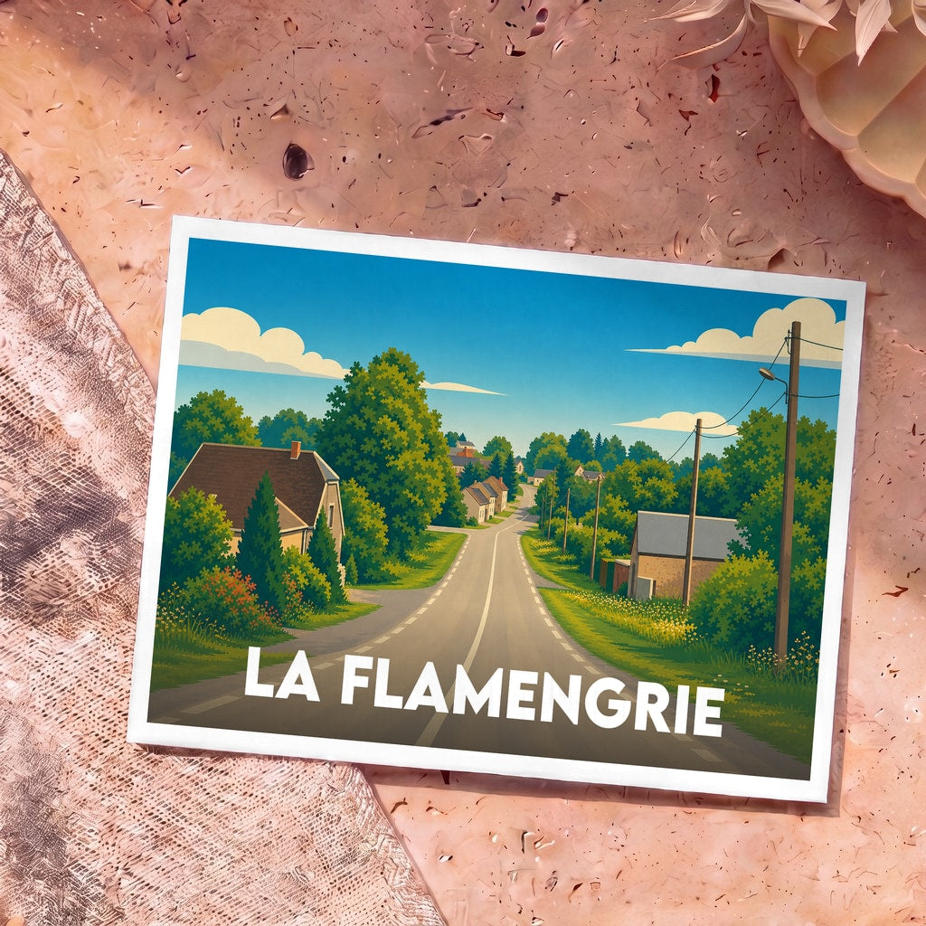 Carte postale souvenir de la ville de La Flamengrie avec une illustration stylisée d'une route de campagne.