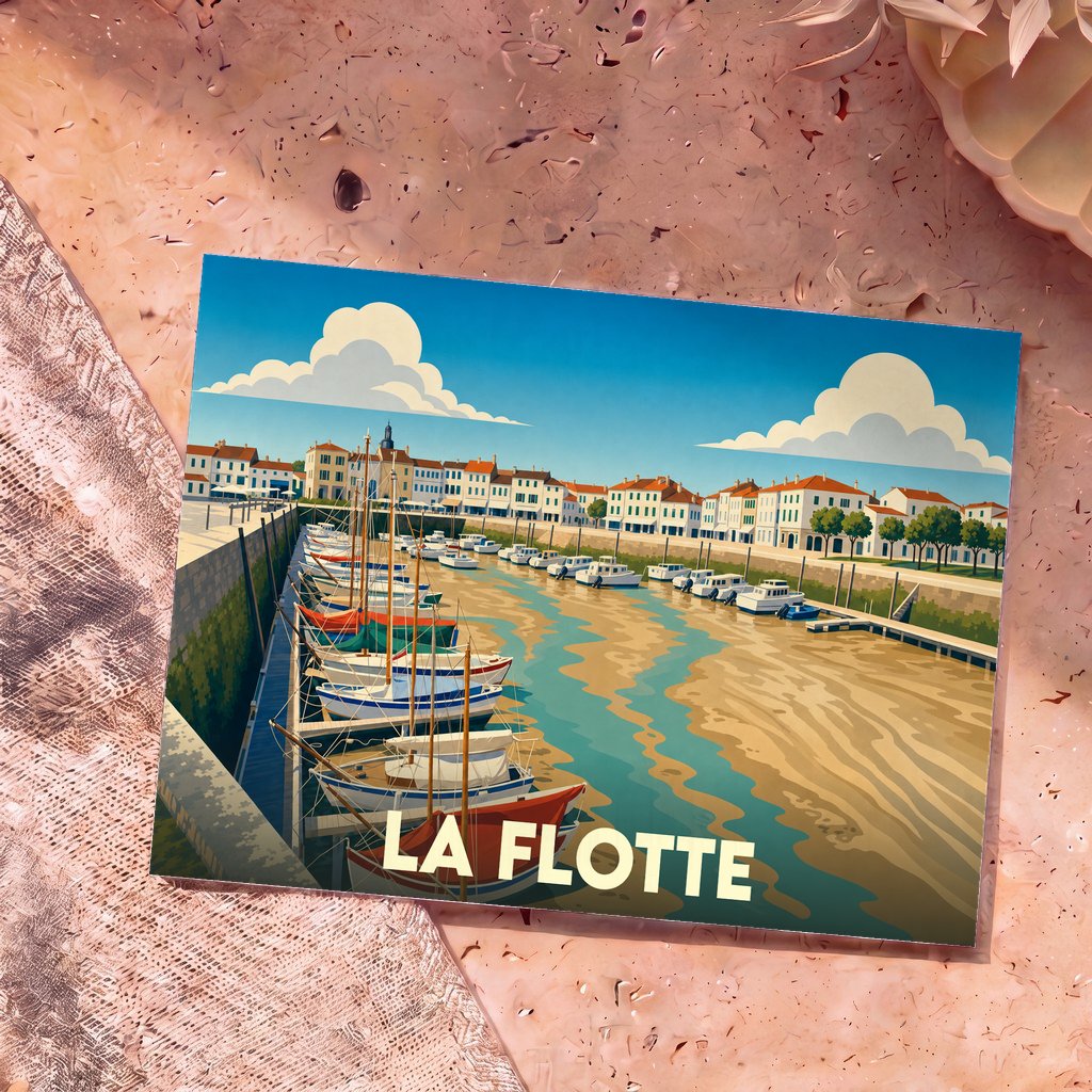 Carte postale souvenir de la ville de La Flotte avec une illustration stylisée de son port.