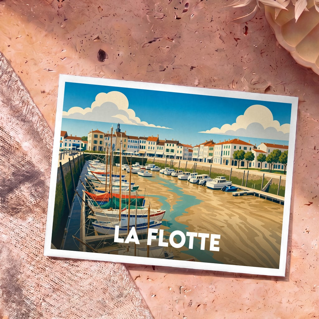 Carte postale souvenir de la ville de La Flotte avec une illustration stylisée de son port.