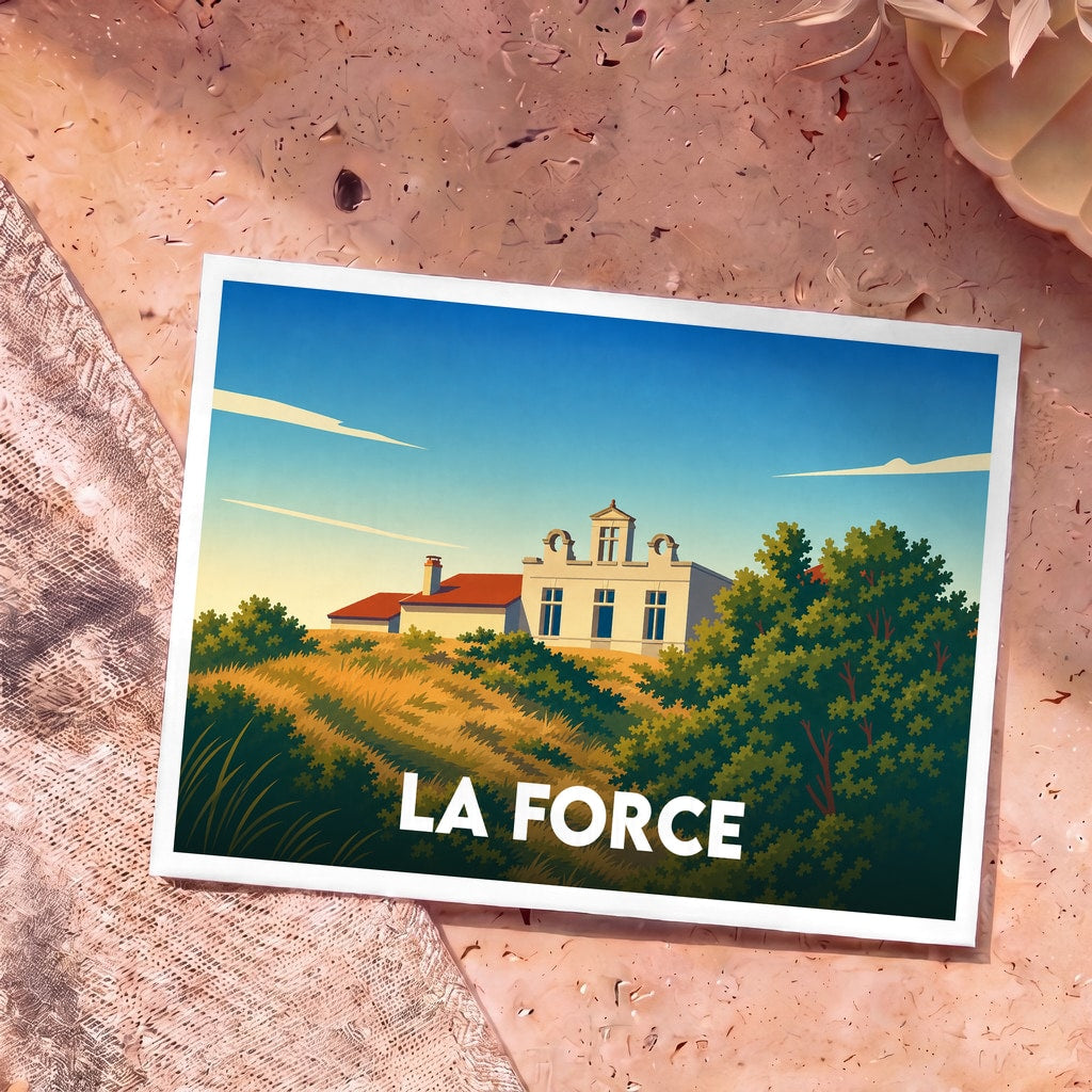 Carte postale souvenir de la ville de La Force arborant une illustration stylisée d'un bâtiment historique dans un paysage ensoleillé.