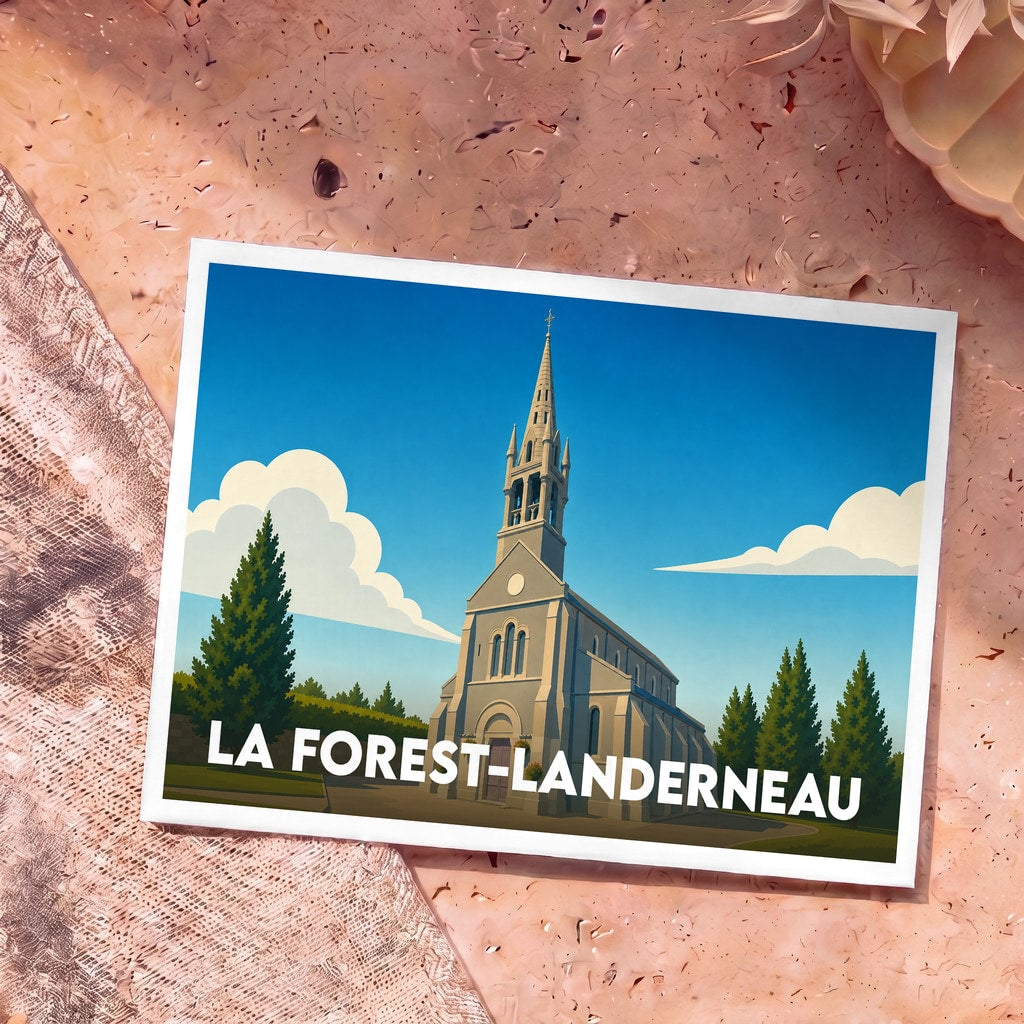 Carte postale souvenir de la ville de La Forest-Landerneau avec une illustration stylisée de son église.